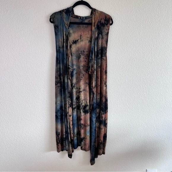 Coin 1804 Draped Cardigan Duster Vest Womens Medium Blue Brown Tie Dye Hoodie - Picture 1 of 13